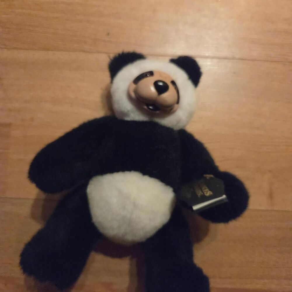 Vintage Robert Raikes Original Signed Wood Face Panda Bear Plush 11" collectible